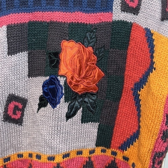 RETRO 80s chunky knit novelty funky patch sweater cardigan XL colorful kitsch - Picture 12 of 17